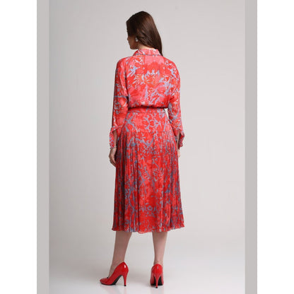 KOSWI Women Red Viscose Abstract Printed Shirt with Skirt