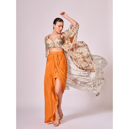 KOSWI Women Brown Cotton Silk Abstract Capes