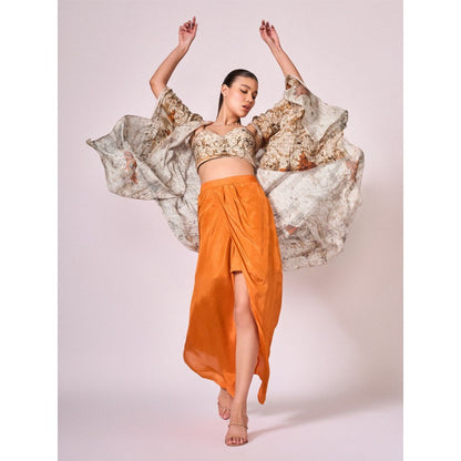 KOSWI Women Brown Cotton Silk Abstract Capes