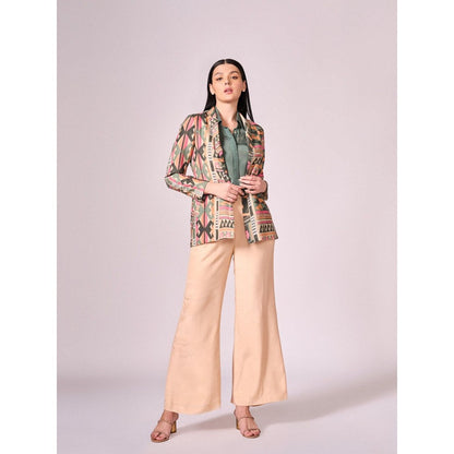 KOSWI Women Multi-Color Cotton Silk Geometric Blazer