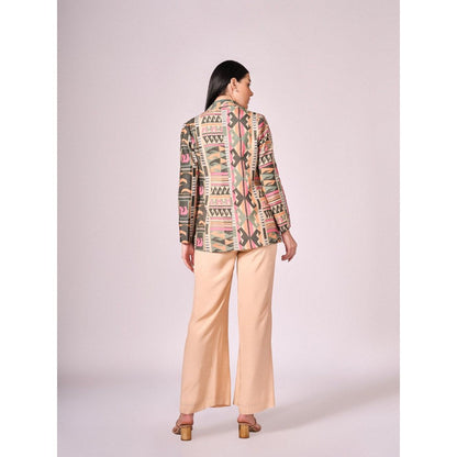 KOSWI Women Multi-Color Cotton Silk Geometric Blazer