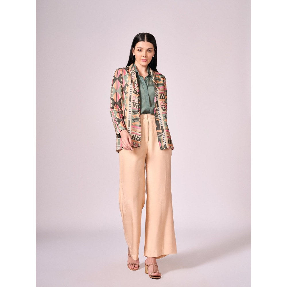 KOSWI Women Multi-Color Cotton Silk Geometric Blazer