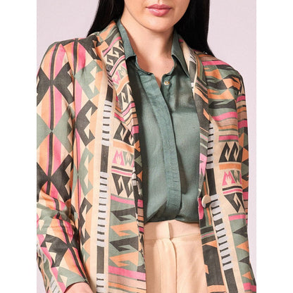 KOSWI Women Multi-Color Cotton Silk Geometric Blazer