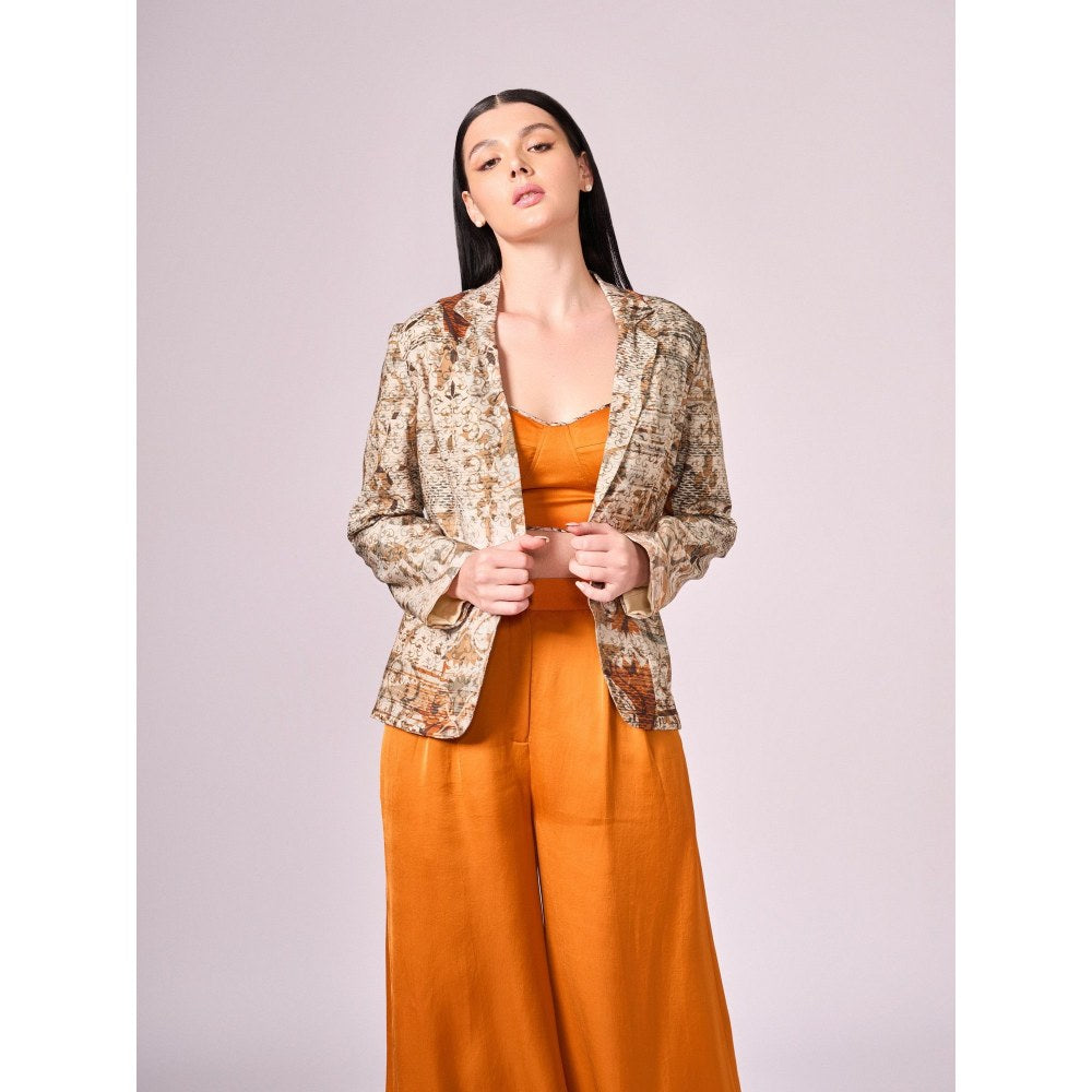 KOSWI Women Brown Cotton Silk Abstract Blazer