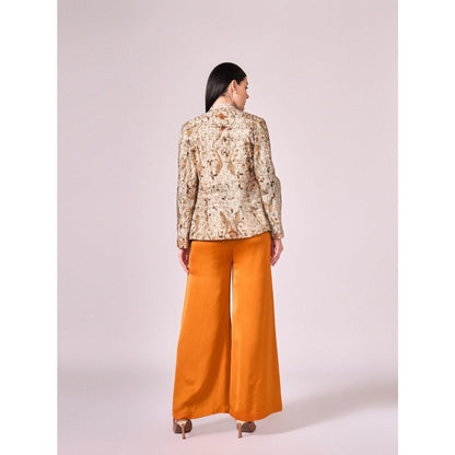 KOSWI Women Brown Cotton Silk Abstract Blazer