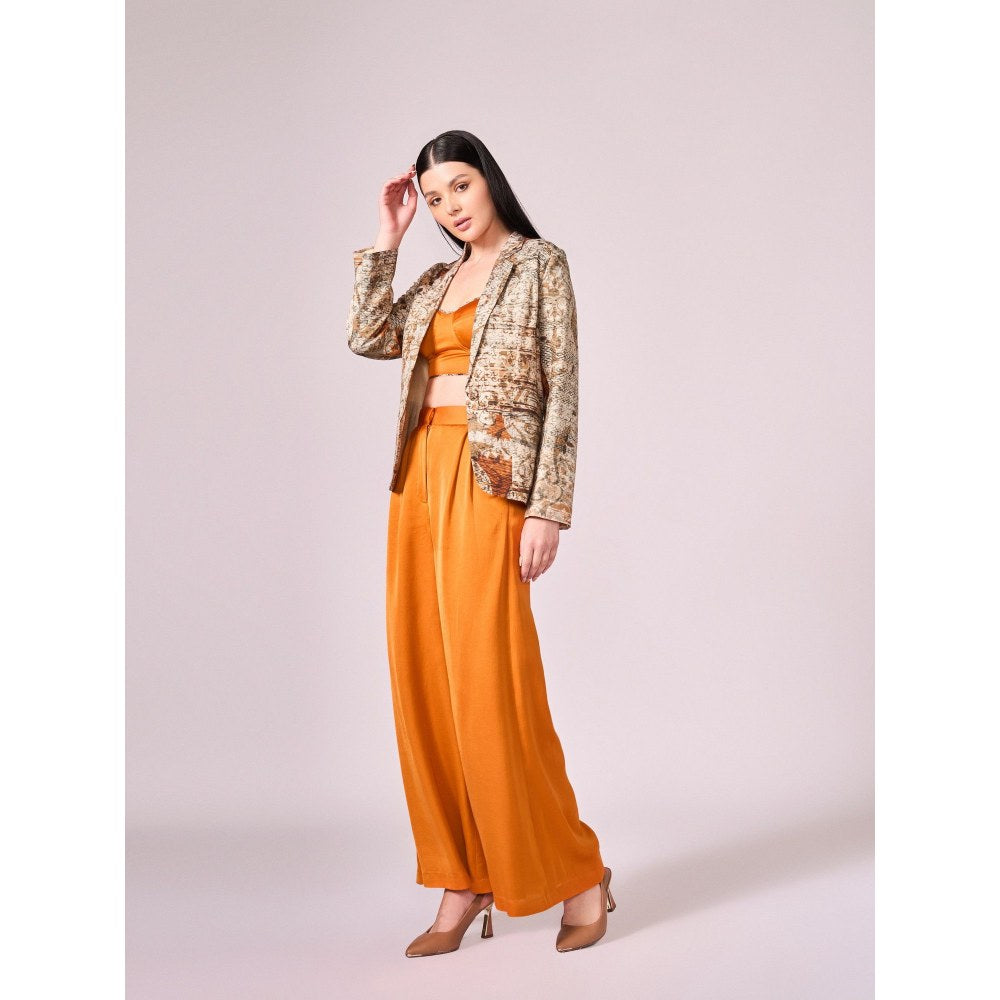 KOSWI Women Brown Cotton Silk Abstract Blazer