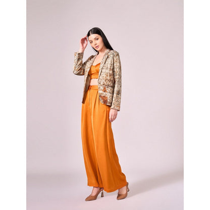 KOSWI Women Brown Cotton Silk Abstract Blazer