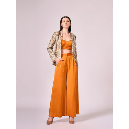 KOSWI Women Brown Cotton Silk Abstract Blazer