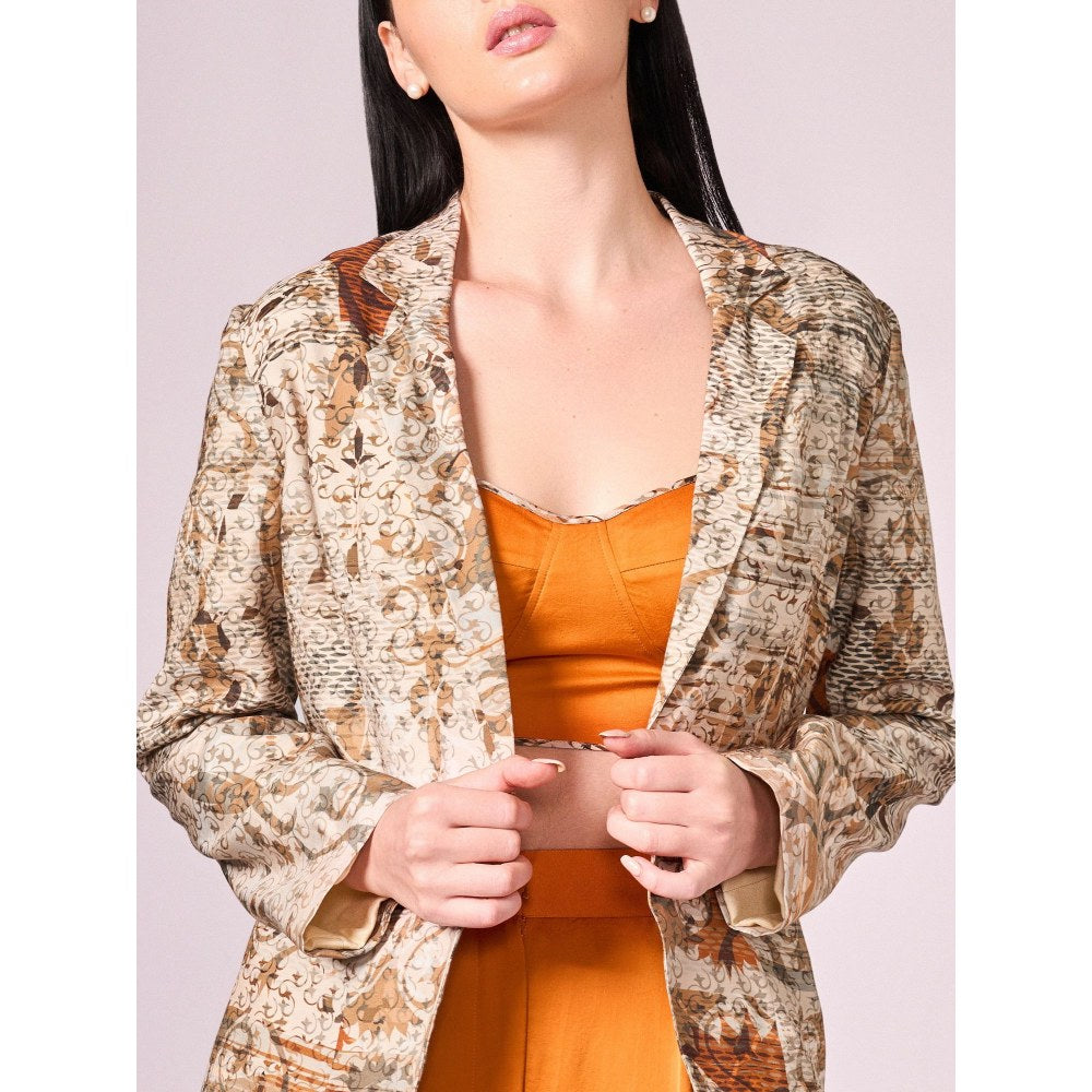 KOSWI Women Brown Cotton Silk Abstract Blazer