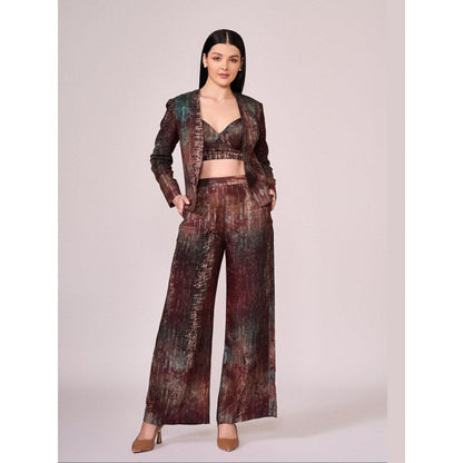 KOSWI Women Maroon Cotton Silk Abstract Blazer