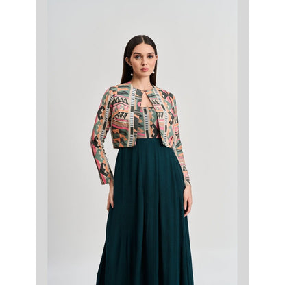 KOSWI Women Multi-Color Cotton Silk Geometric Cropped Jacket