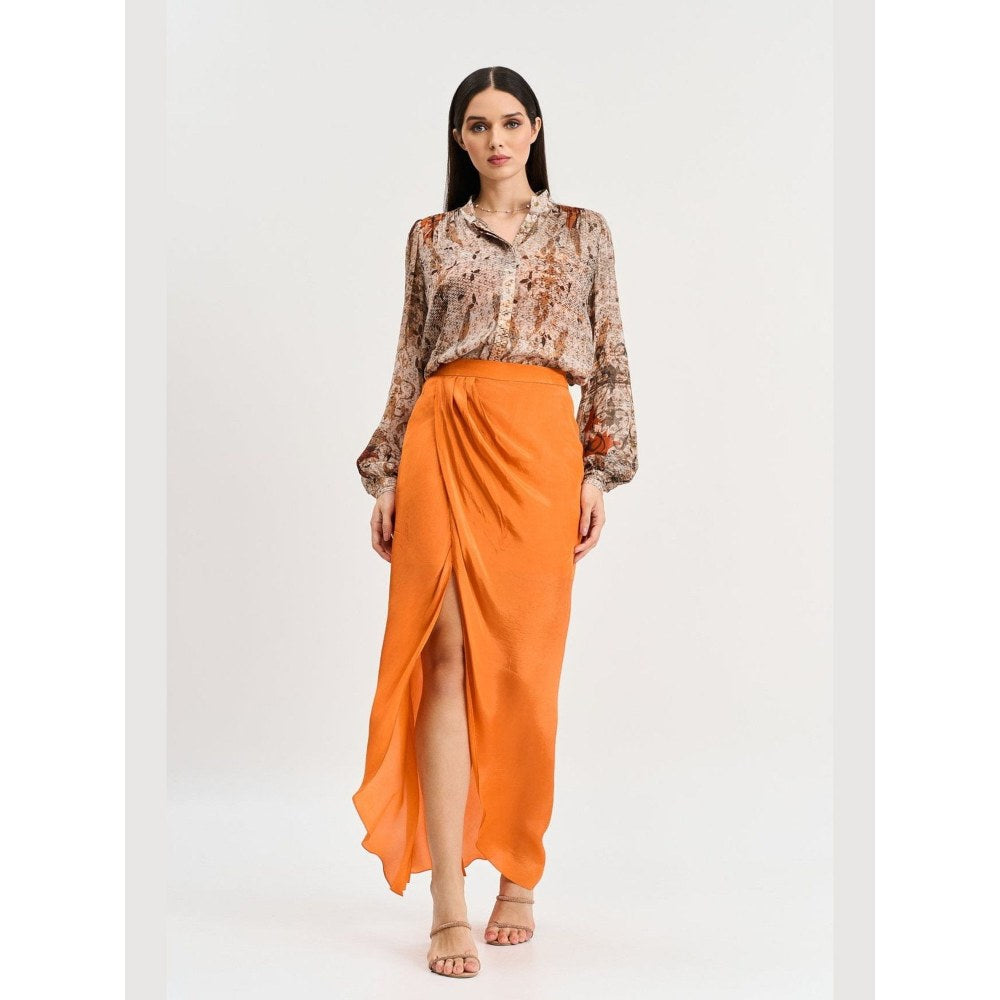 KOSWI Women Red Cotton Silk Abstract Printed Shirt with Skirt