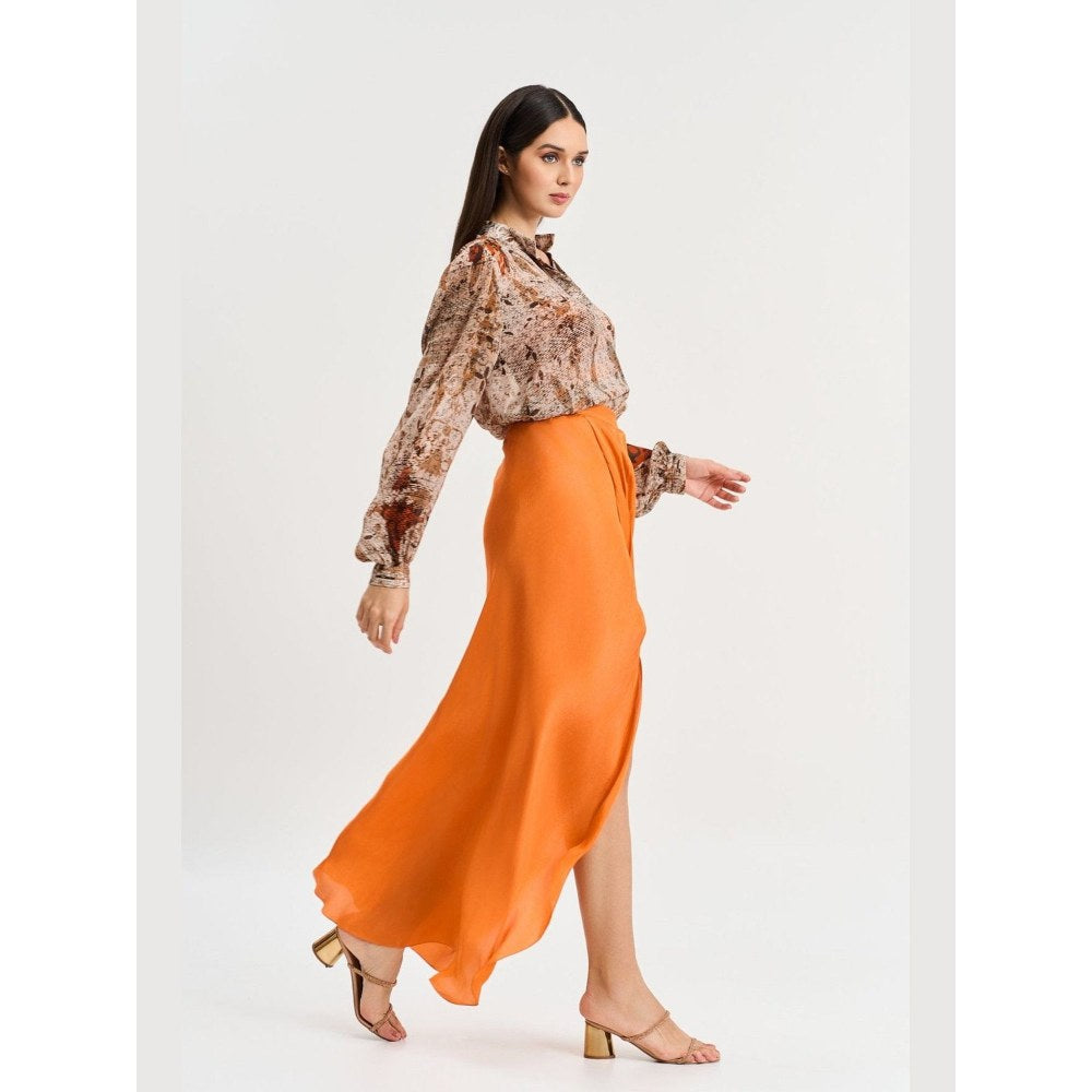 KOSWI Women Red Cotton Silk Abstract Printed Shirt with Skirt