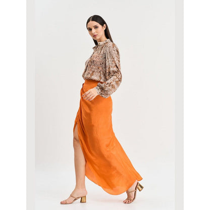 KOSWI Women Red Cotton Silk Abstract Printed Shirt with Skirt