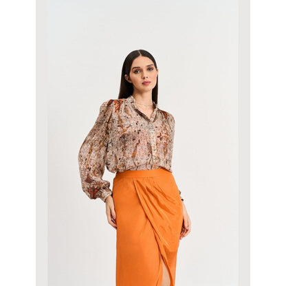 KOSWI Women Red Cotton Silk Abstract Printed Shirt with Skirt