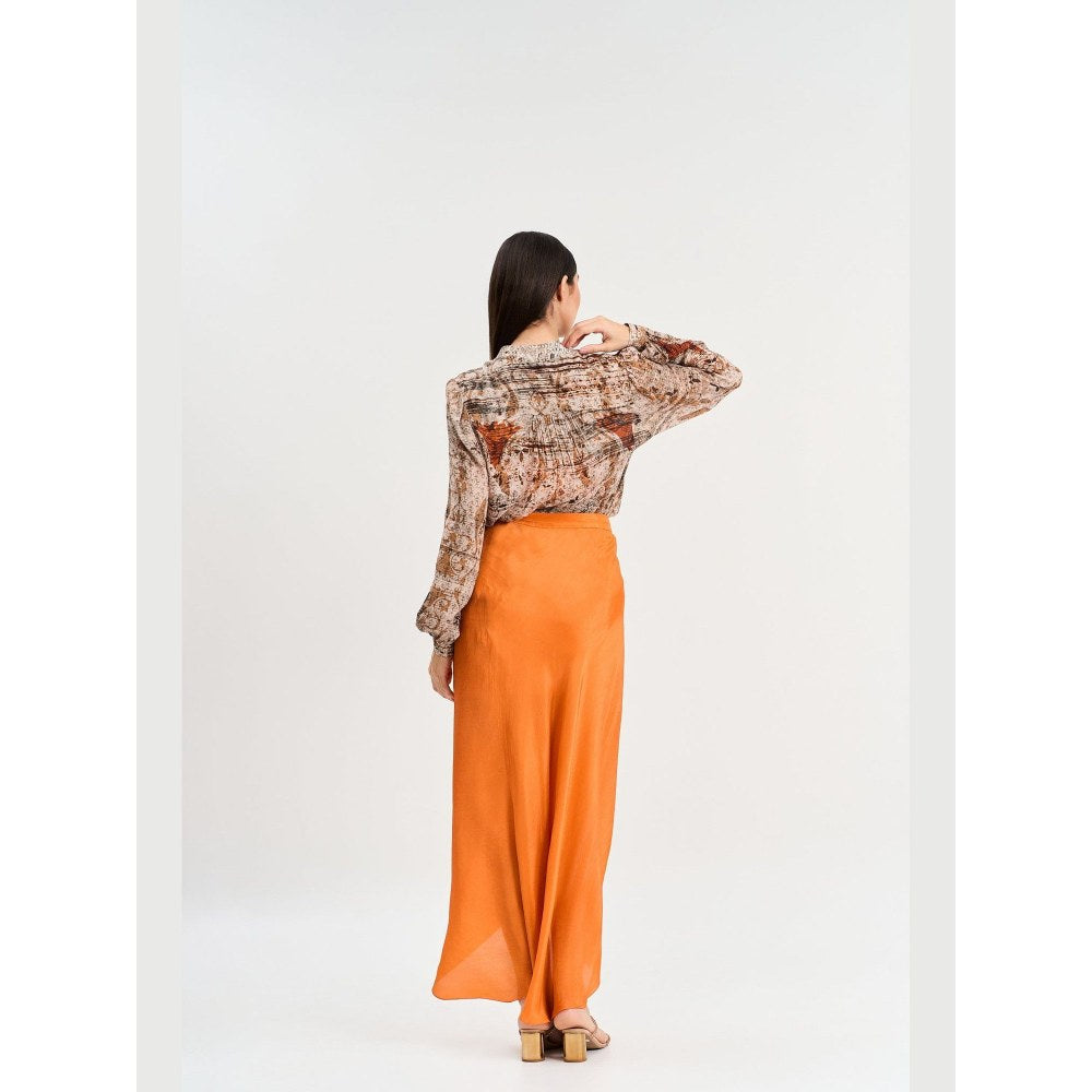KOSWI Women Red Cotton Silk Abstract Printed Shirt with Skirt