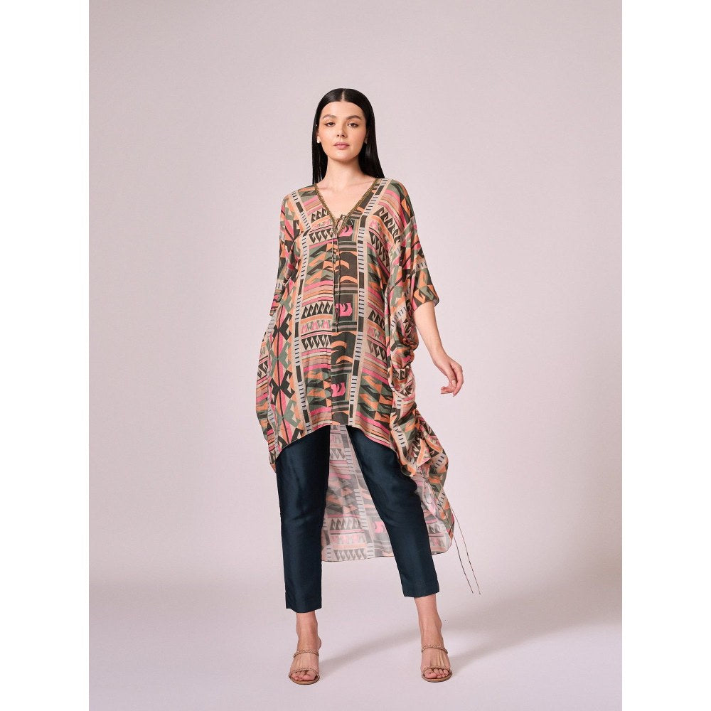 KOSWI Women Multi-Color Cotton Silk Geometric Printed Kaftan with Pant