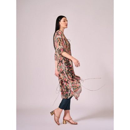 KOSWI Women Multi-Color Cotton Silk Geometric Printed Kaftan with Pant