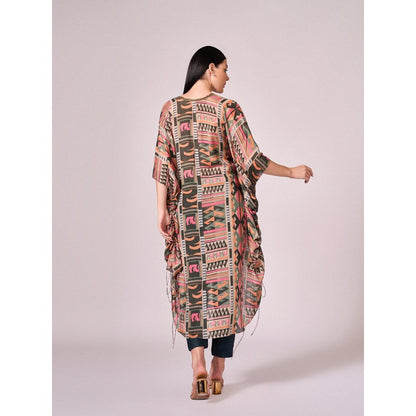 KOSWI Women Multi-Color Cotton Silk Geometric Printed Kaftan with Pant