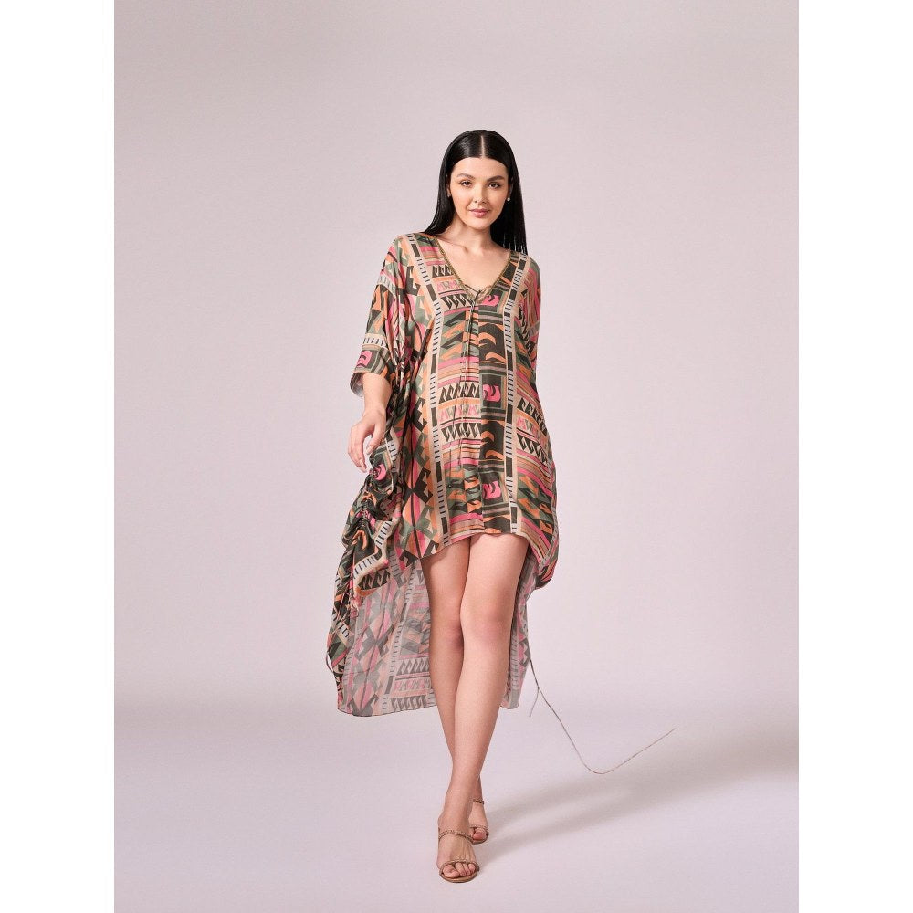 KOSWI Women Multi-Color Cotton Silk Geometric Printed Kaftan with Pant