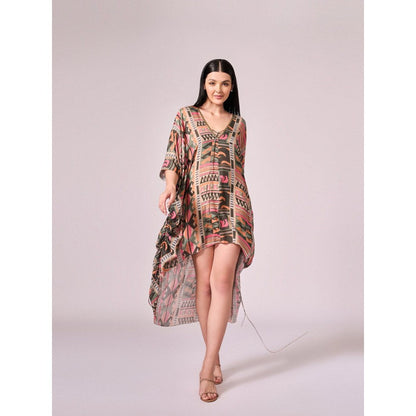 KOSWI Women Multi-Color Cotton Silk Geometric Printed Kaftan with Pant