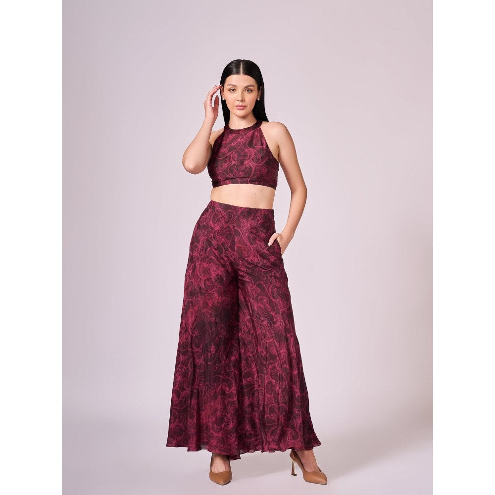 KOSWI Women Wine Cotton Silk Abstract Printed Crop Top with Palazzo