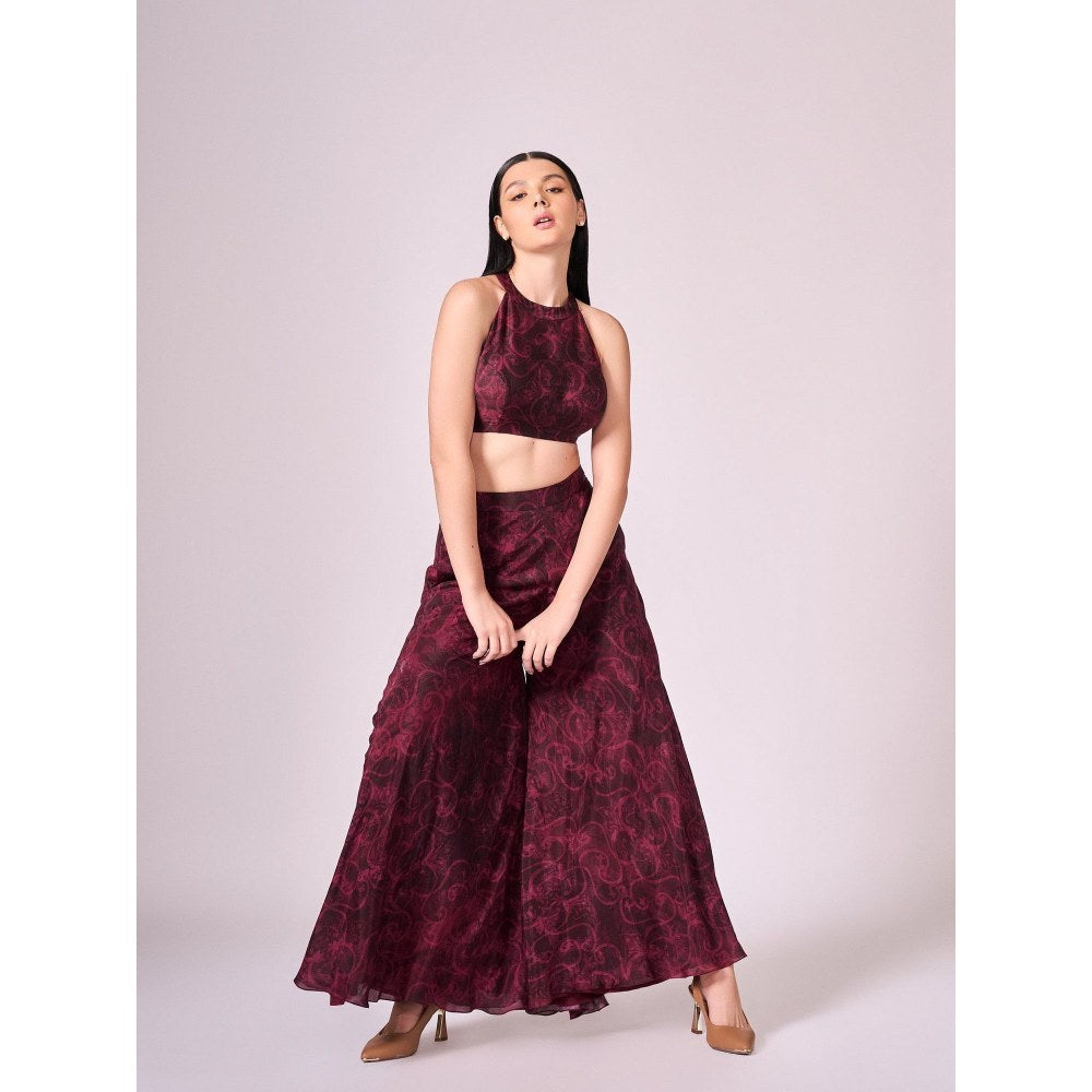 KOSWI Women Wine Cotton Silk Abstract Printed Crop Top with Palazzo