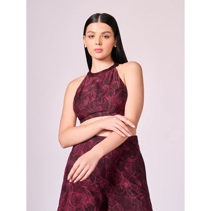 KOSWI Women Wine Cotton Silk Abstract Printed Crop Top with Palazzo