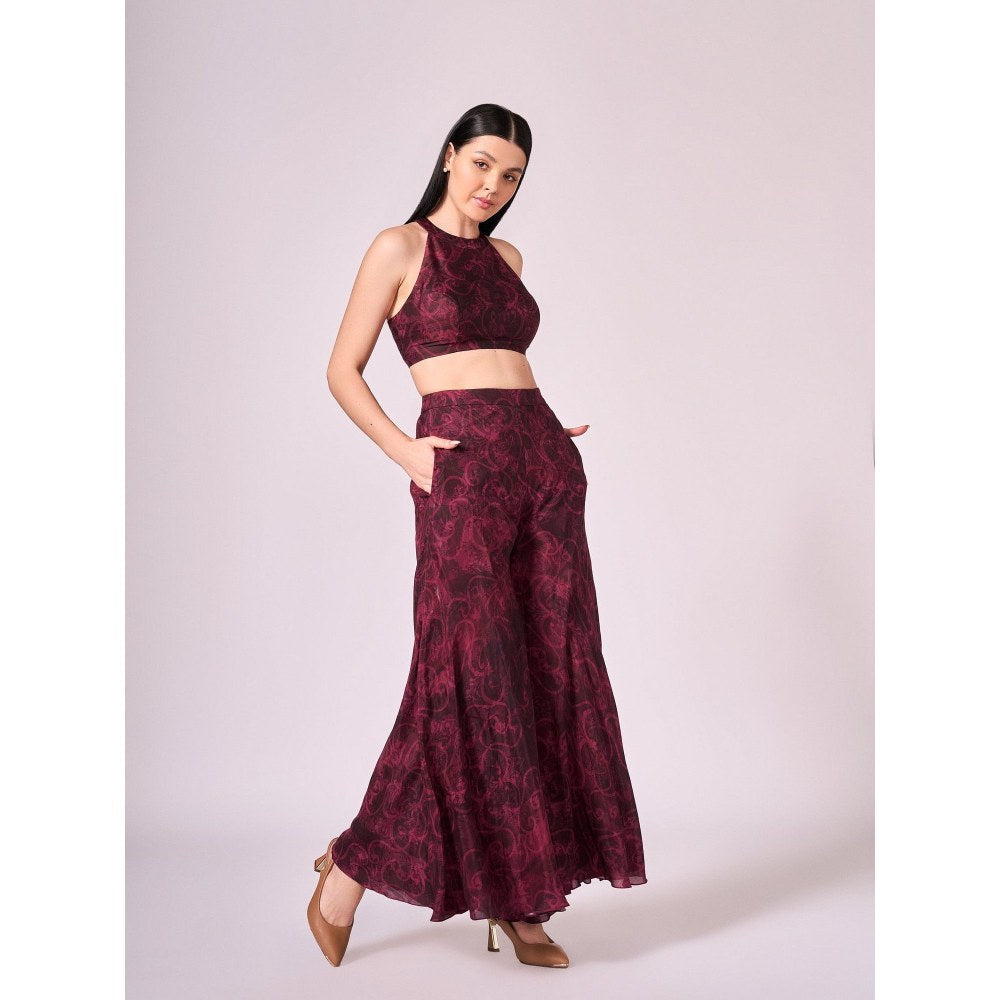 KOSWI Women Wine Cotton Silk Abstract Printed Crop Top with Palazzo