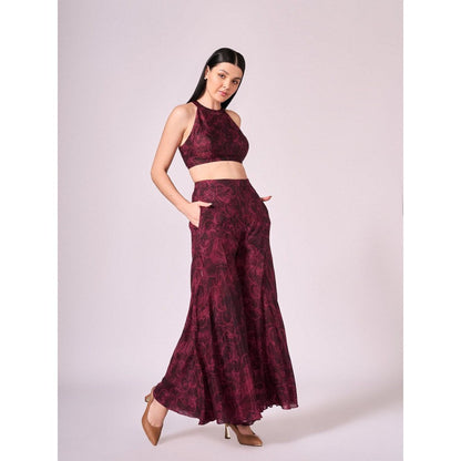 KOSWI Women Wine Cotton Silk Abstract Printed Crop Top with Palazzo