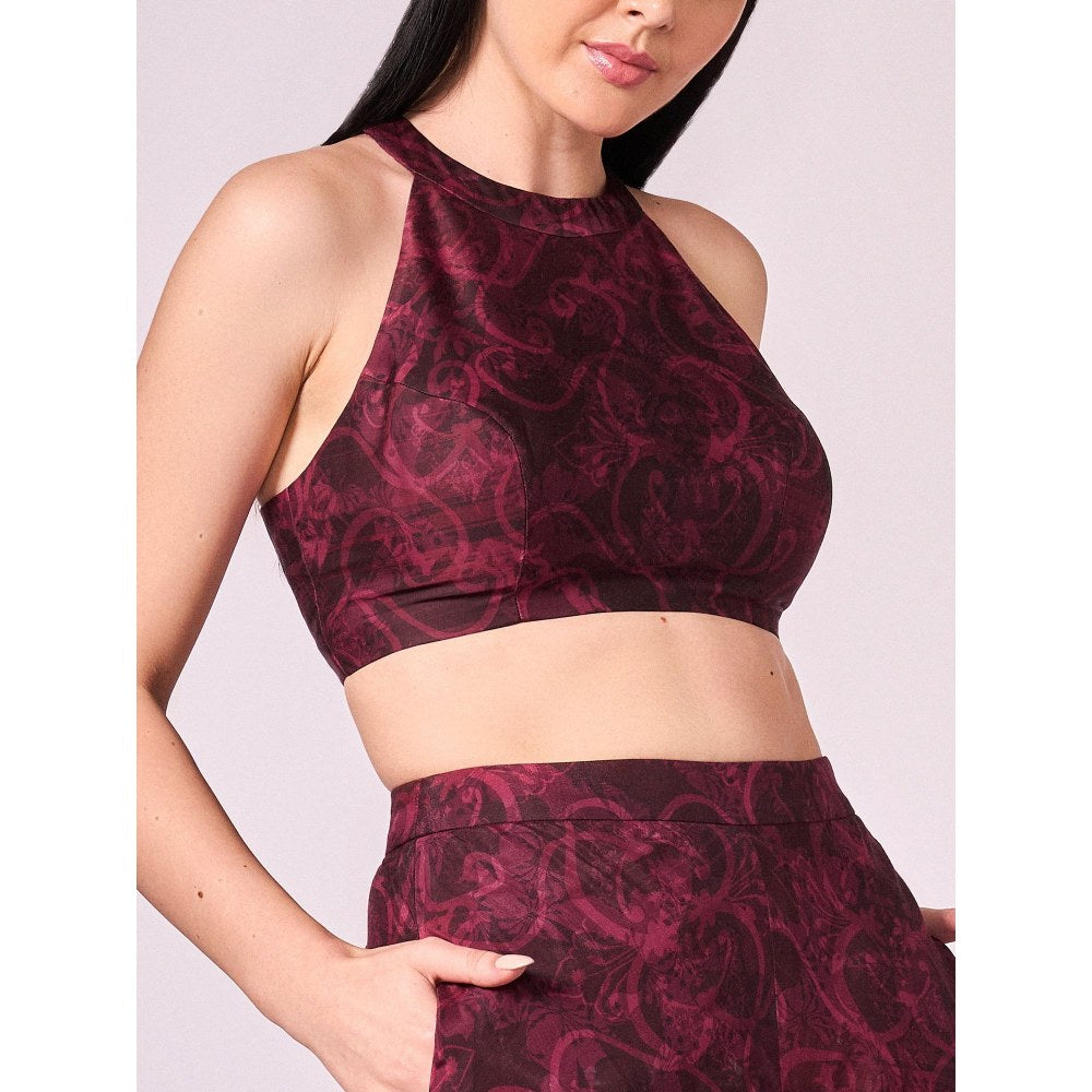 KOSWI Women Wine Cotton Silk Abstract Printed Crop Top with Palazzo