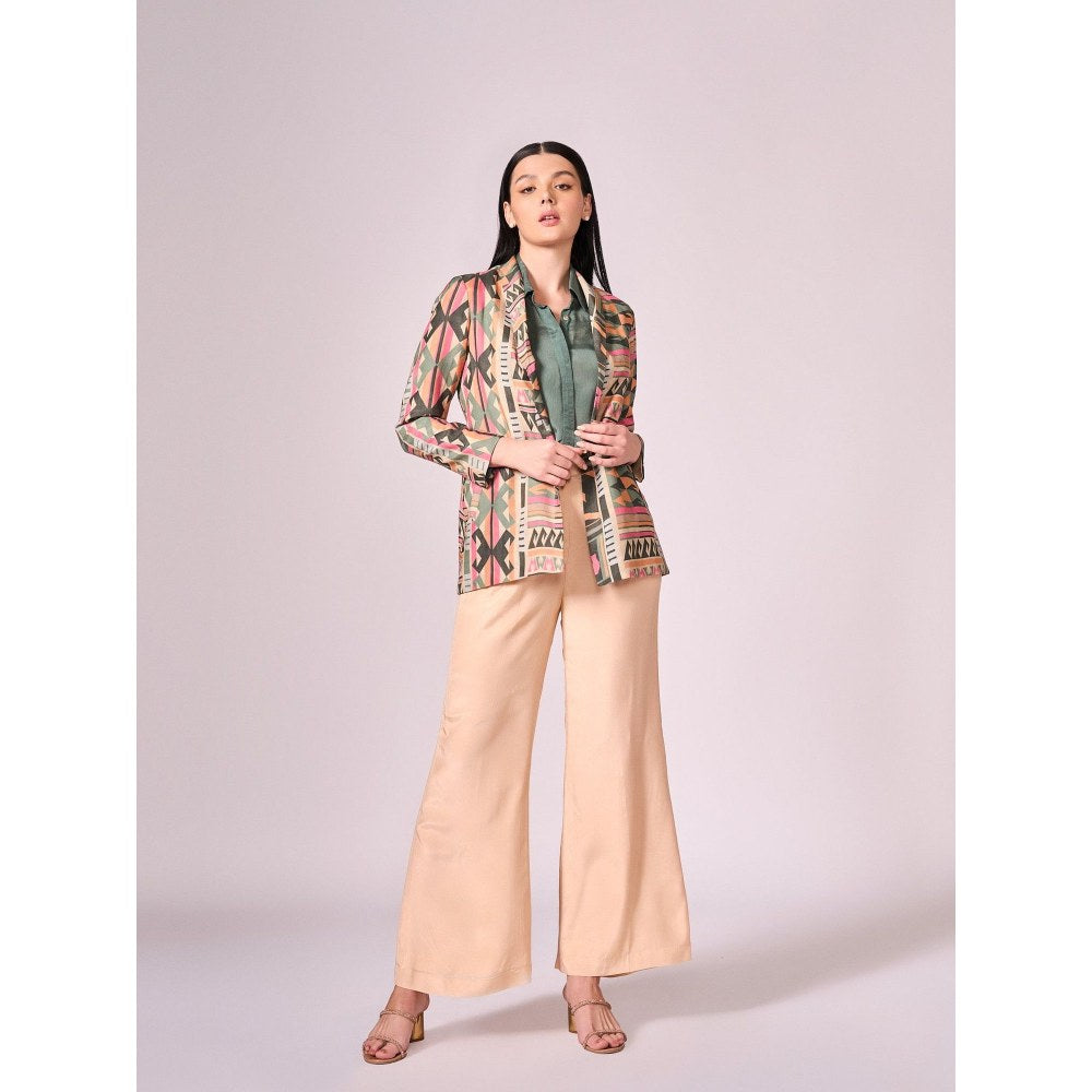 KOSWI Women Multi-Color Cotton Silk Solid Shirt with Jacket and Pant