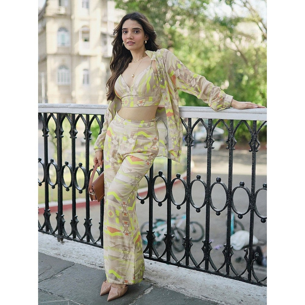 KOSWI Women Green Cotton Silk Geometric Printed Co-Ord Set
