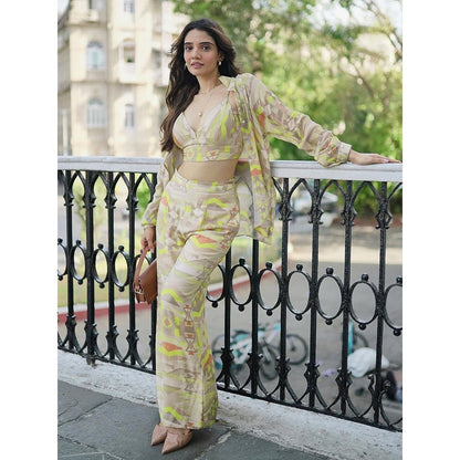 KOSWI Women Green Cotton Silk Geometric Printed Co-Ord Set