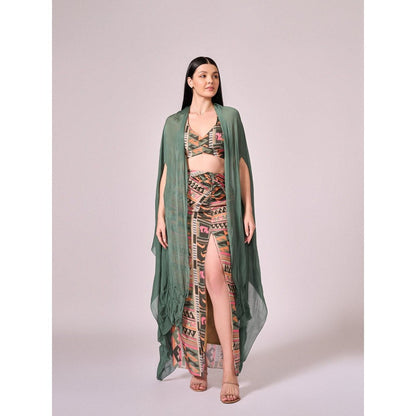 KOSWI Women Multi-Color Cotton Silk Geometric Printed Crop Top with Cape and Skirt