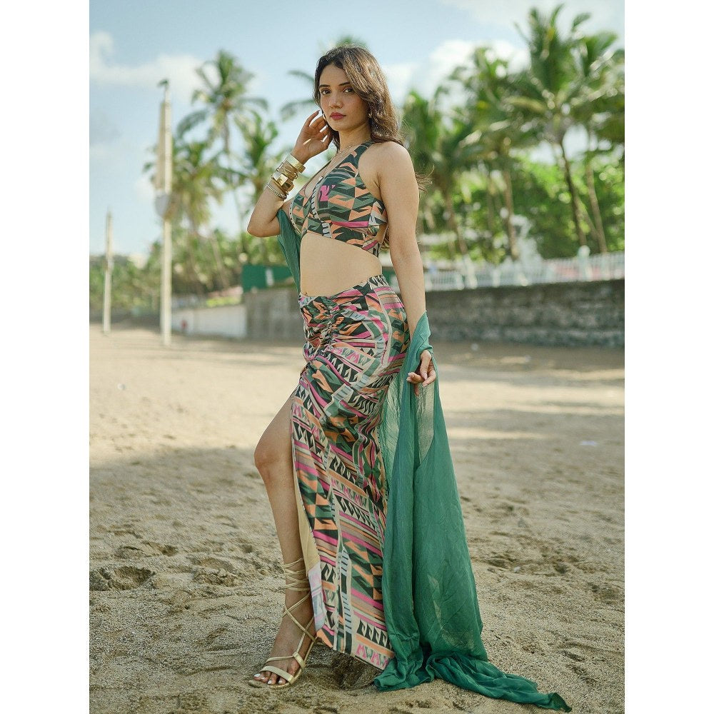 KOSWI Women Multi-Color Cotton Silk Geometric Printed Crop Top with Cape and Skirt