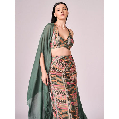 KOSWI Women Multi-Color Cotton Silk Geometric Printed Crop Top with Cape and Skirt