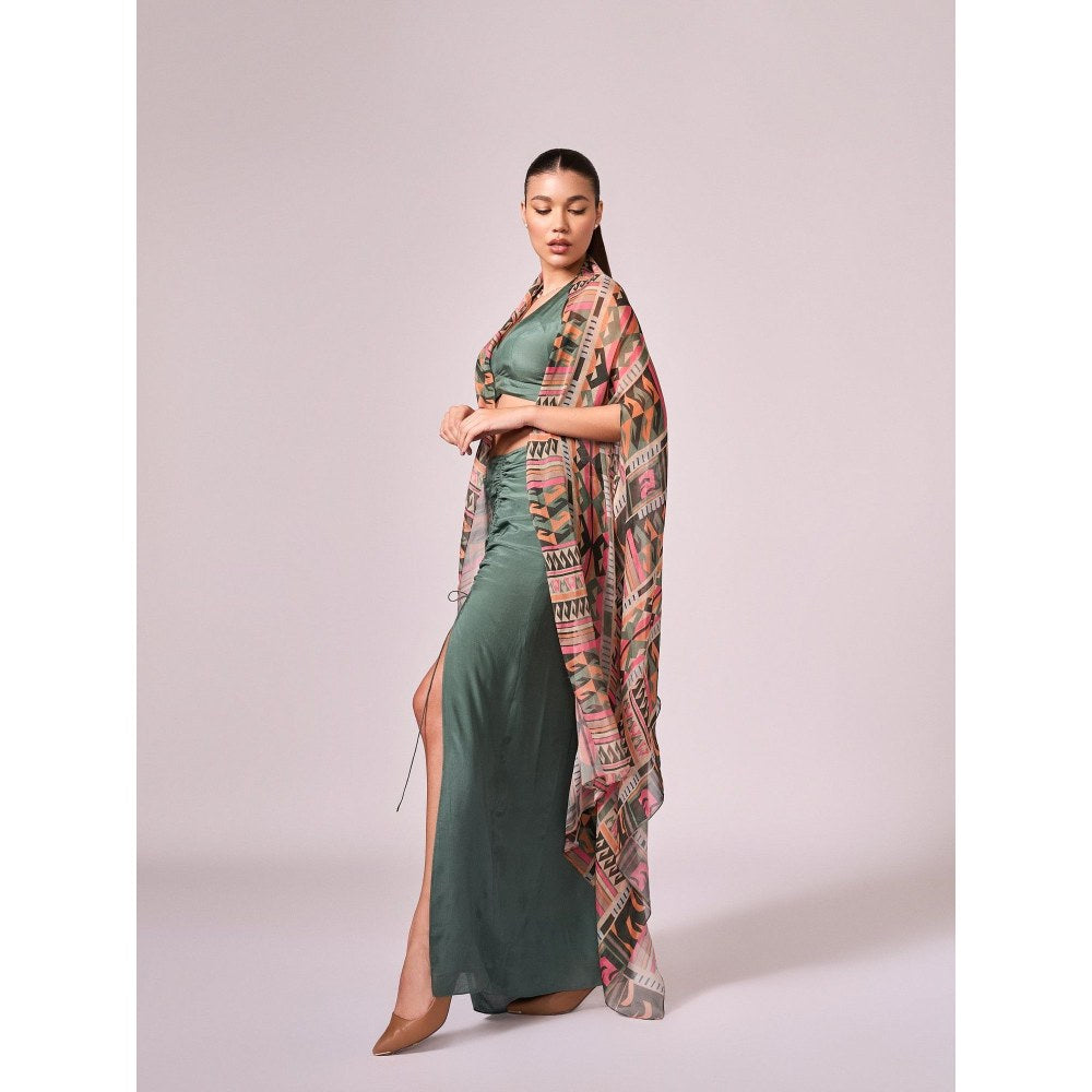 KOSWI Women Green Cotton Silk Geometric Printed Crop Top with Cape and Skirt