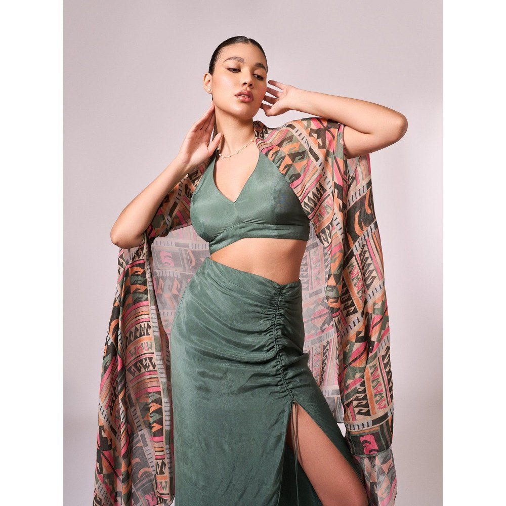 KOSWI Women Green Cotton Silk Geometric Printed Crop Top with Cape and Skirt