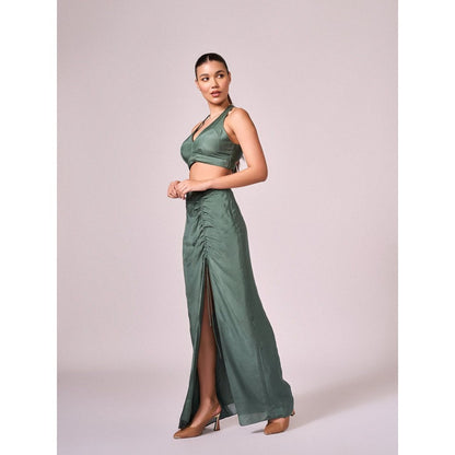 KOSWI Women Green Cotton Silk Geometric Printed Crop Top with Cape and Skirt