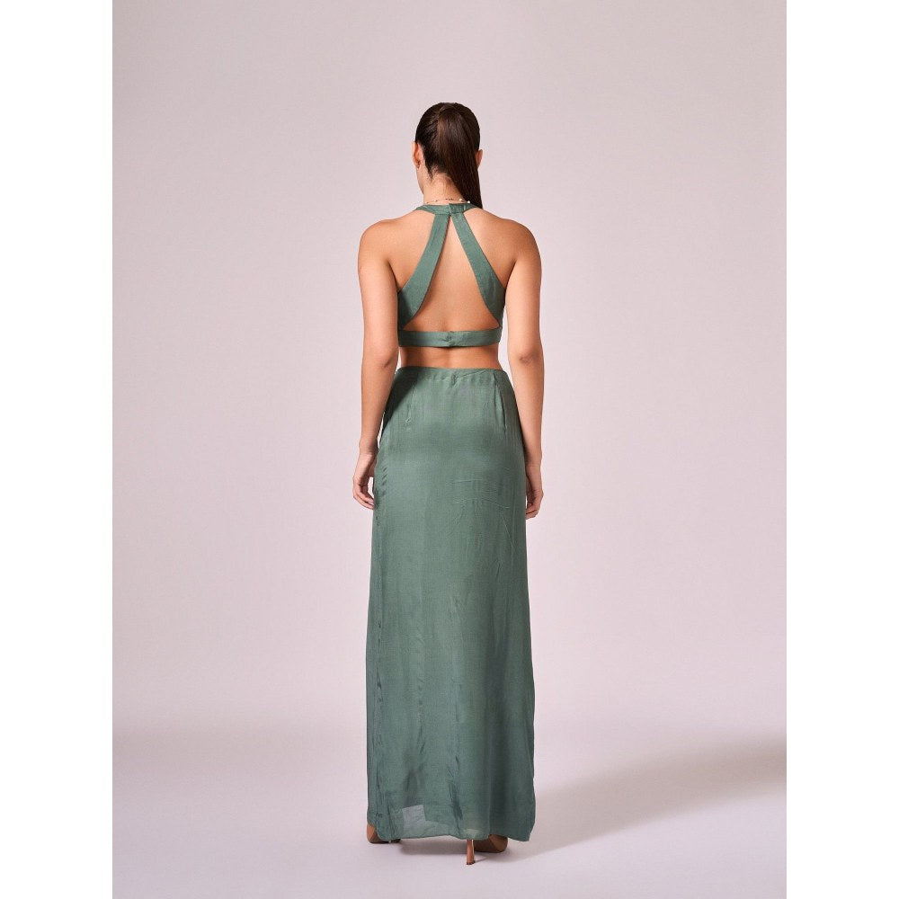 KOSWI Women Green Cotton Silk Geometric Printed Crop Top with Cape and Skirt