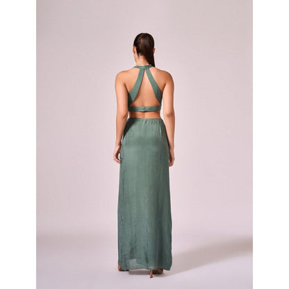 KOSWI Women Green Cotton Silk Geometric Printed Crop Top with Cape and Skirt