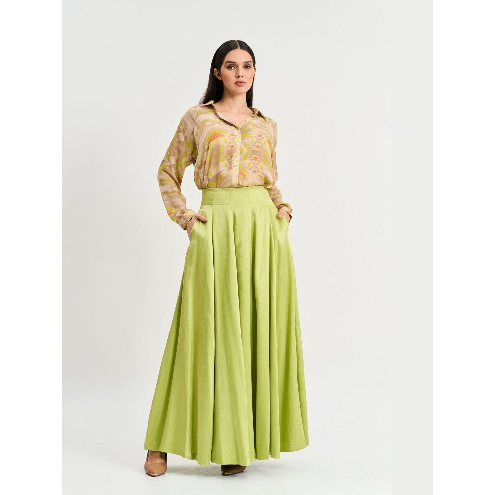 KOSWI Women Beige Cotton Silk Geometric Printed Shirt with Skirt