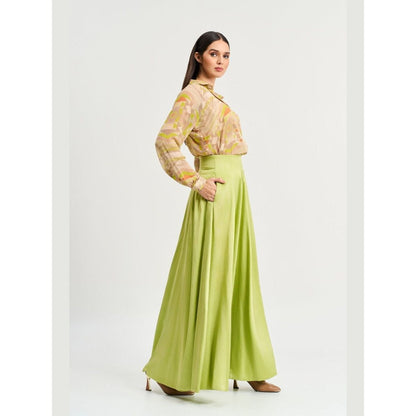 KOSWI Women Beige Cotton Silk Geometric Printed Shirt with Skirt