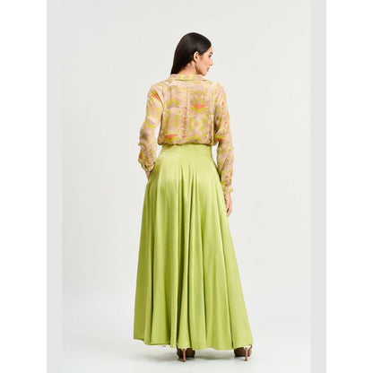 KOSWI Women Beige Cotton Silk Geometric Printed Shirt with Skirt