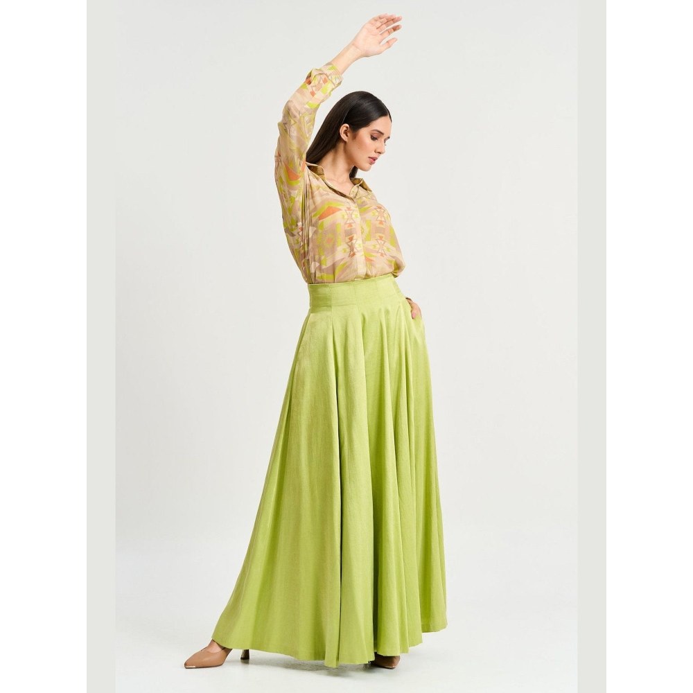 KOSWI Women Beige Cotton Silk Geometric Printed Shirt with Skirt