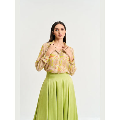 KOSWI Women Beige Cotton Silk Geometric Printed Shirt with Skirt