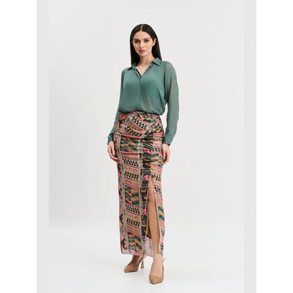 KOSWI Women Green Cotton Silk Solid Shirt with Skirt