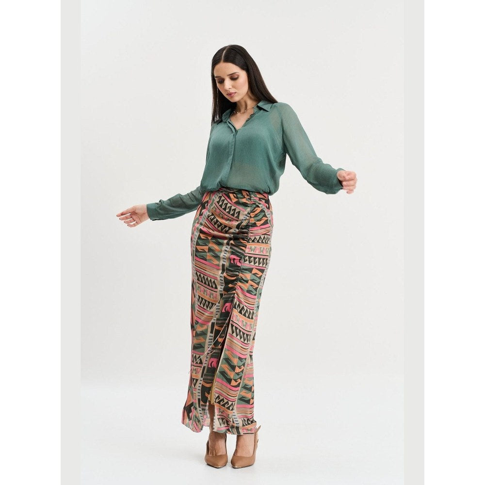 KOSWI Women Green Cotton Silk Solid Shirt with Skirt