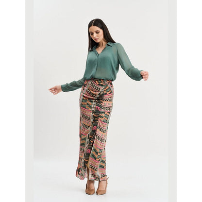 KOSWI Women Green Cotton Silk Solid Shirt with Skirt